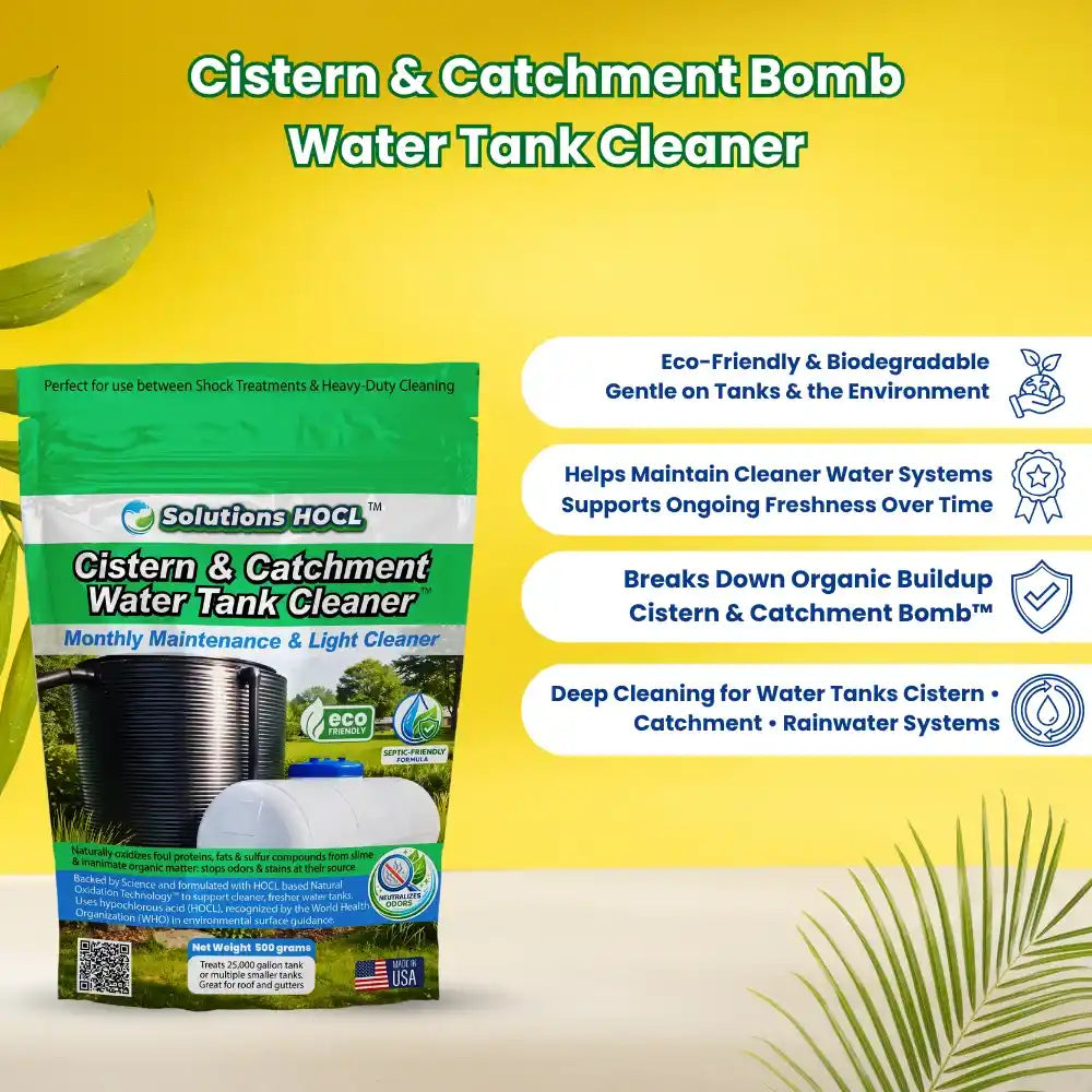 Cistern & Catchment Bomb Water Tank Cleaner packaging with features listed