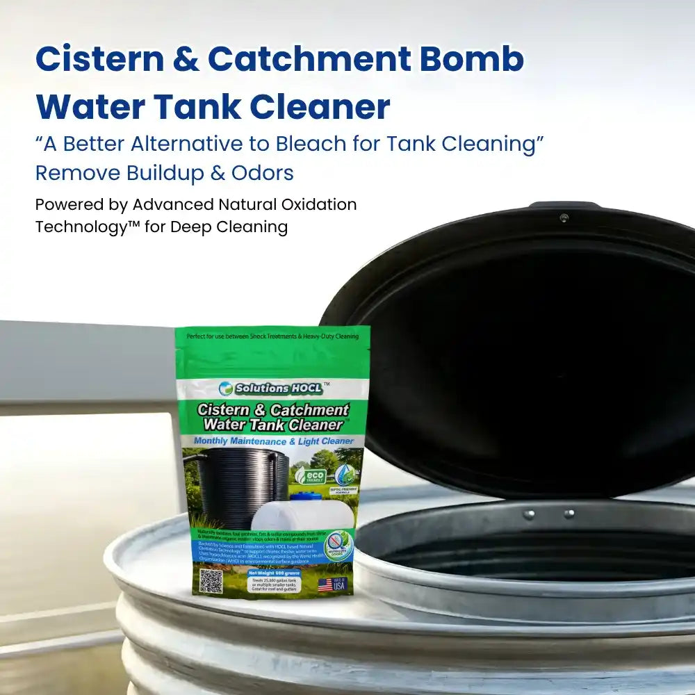 Cistern & Catchment Bomb Water Tank Cleaner packaging with a water tank in the background