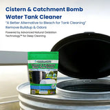 Cistern & Catchment Bomb Water Tank Cleaner packaging with a water tank in the background