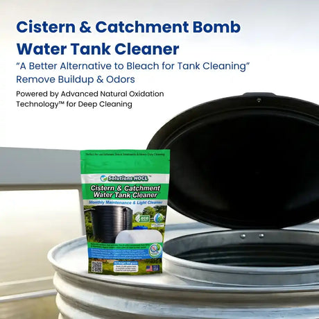 Cistern & Catchment Bomb Water Tank Cleaner packaging with a water tank in the background