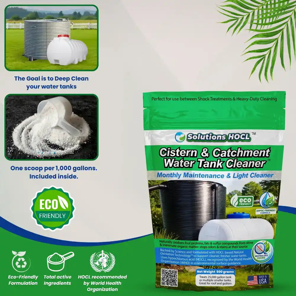 Cistern and catchment water tank cleaner packaging images of tanks and cleaning powder.