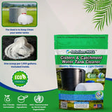 Cistern and catchment water tank cleaner packaging images of tanks and cleaning powder.