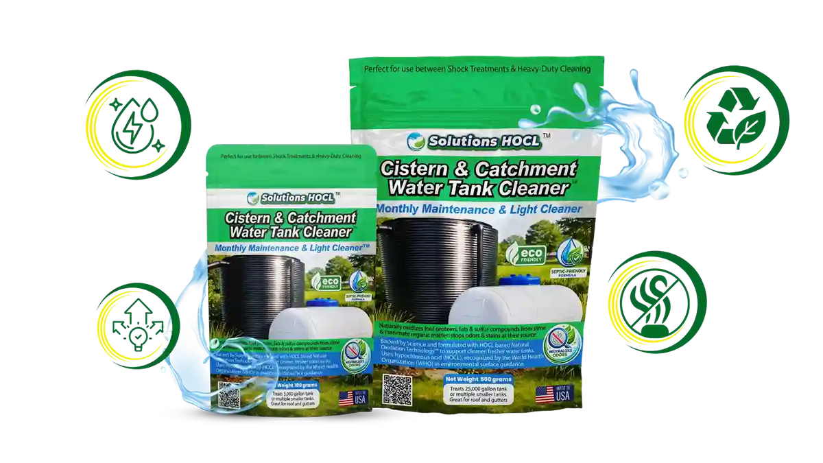 Cistern and catchment water tank cleaner packaging with green labels and icons on a white background