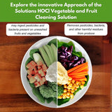 Comparison of uncleaned and cleaned vegetables on a plate with text about HOCI vegetable and fruit cleaning solution.