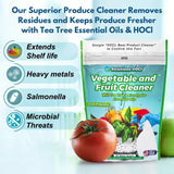 Product cleaner packaging with text highlighting benefits and a tomato in the foreground.