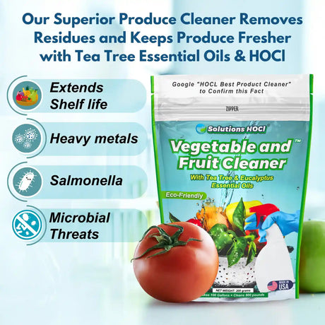 Product cleaner packaging with text highlighting benefits and a tomato in the foreground.