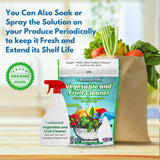 Vegetable and Fruit Cleaner with packaging and fresh produce on a wooden surface