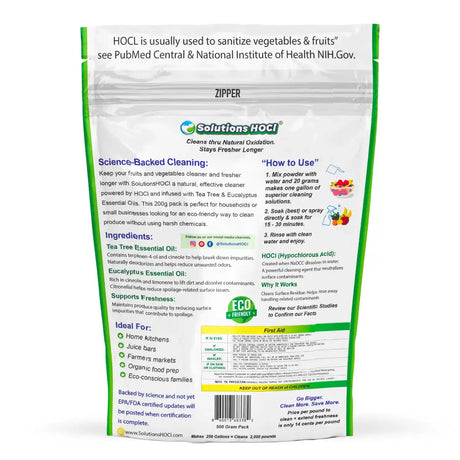Package of HOCL powder with cleaning instructions and product details on a white background