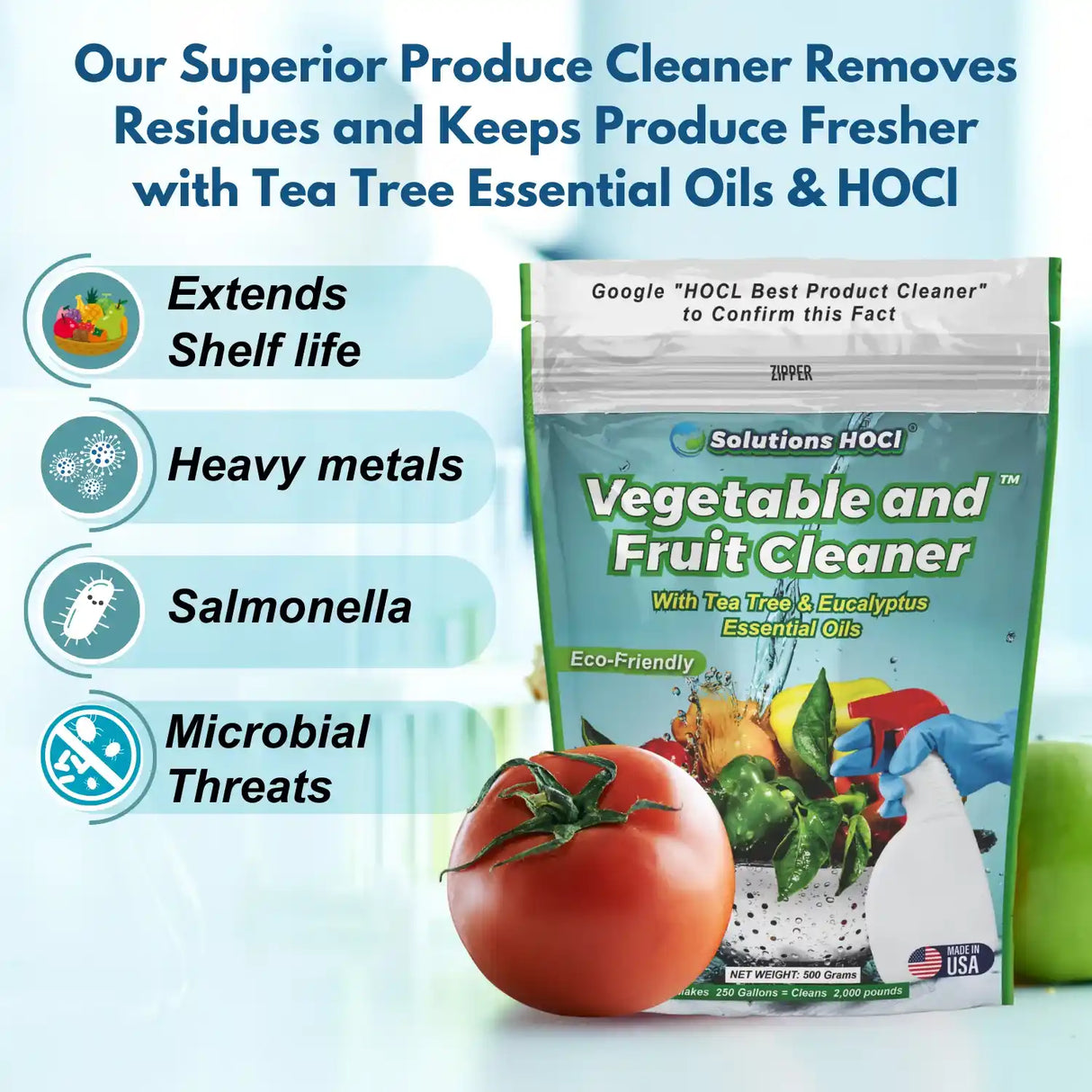 Vegetable and fruit cleaner package with tomato and cleaning tools on a light blue background