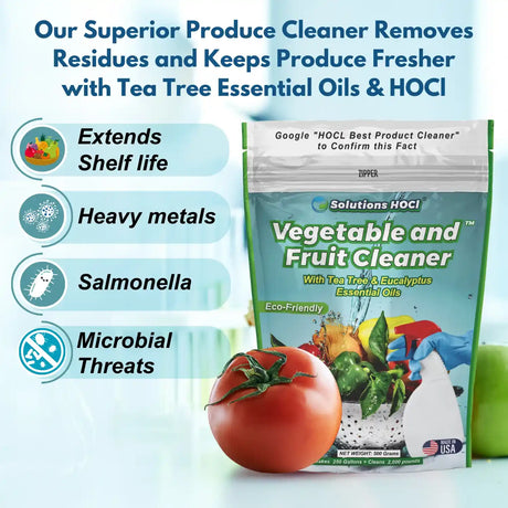 Vegetable and fruit cleaner package with tomato and cleaning tools on a light blue background