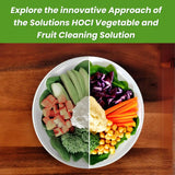 Plate divided into two halves with vegetables on each side, promoting a vegetable and fruit cleaning solution.