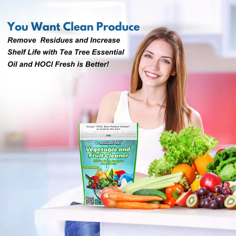 Woman with vegetables and a product package, promoting vegetable and fruit cleaner with tea tree essential oil.