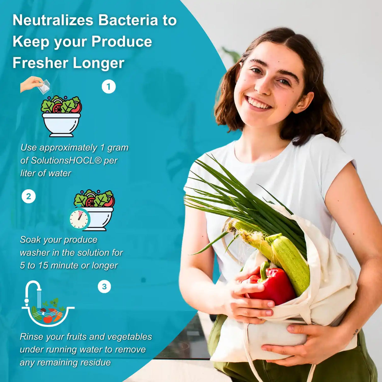 Woman holding a bag of vegetables with text on a blue background about using SolutionsHOLO to keep produce fresher.