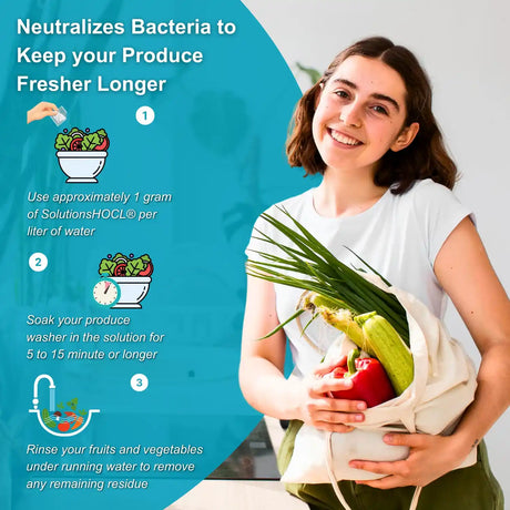 Woman holding a bag of vegetables with text on a blue background about using SolutionsHOLO to keep produce fresher.