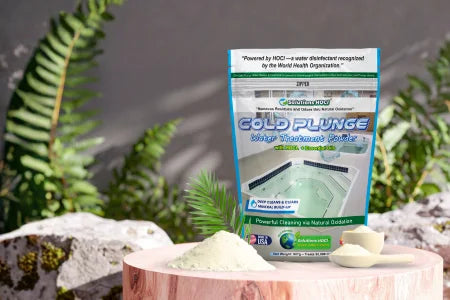 Cold Plunge pool treatment product with packaging on a natural background