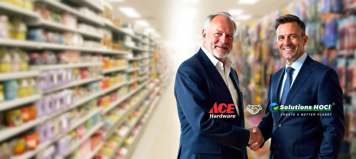 Two men shaking hands in a grocery store aisle with Ace Hardware and Solutions HOCL logos.