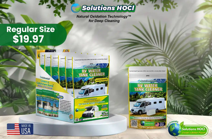 RV water tank cleaner packaging with greenery in the background