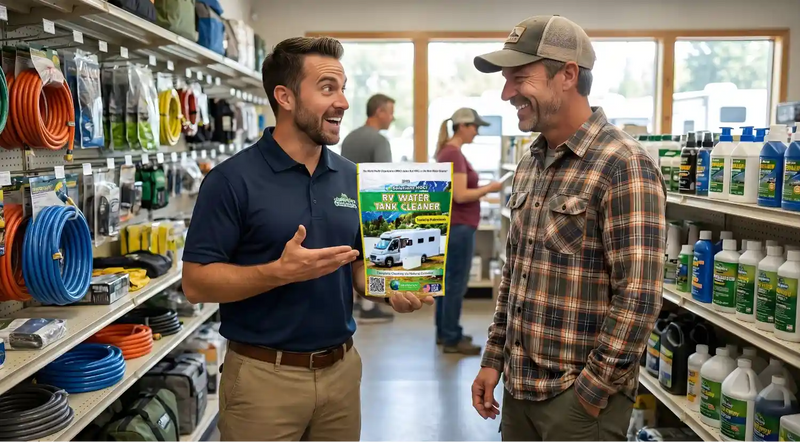 Two men in a store aisle discussing products with shelves on either side.