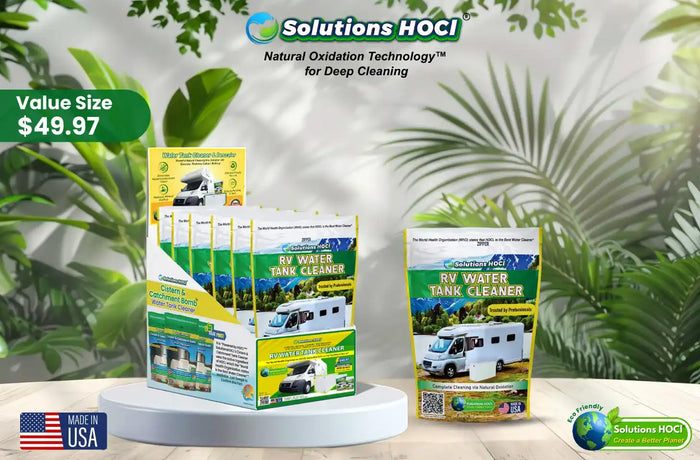 RV water tank cleaner package with greenery in the background