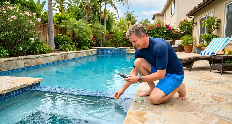 men testing pool water after using HOCL Pool Bomb cleaner