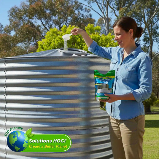 Woman pouring a product from a bag into a large metal tank with 'ECO Friendly Solutions HOCl' branding.