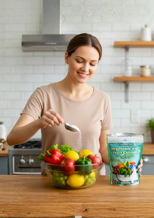 Woman in a kitchen with a bowl of fresh produce and a package of a vegetable and fruit cleaner.