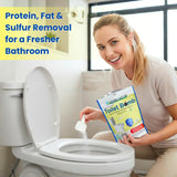 Woman using a toilet  bomb cleaning product with text about protein, fat, and sulfur removal.