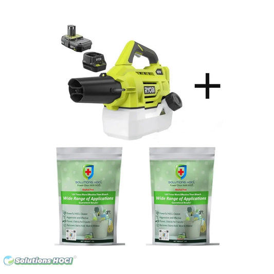 Ryobi ONE+ Cordless Fogger PLUS Two (2) Powder 10 Pack (1 gram packets total 10 g X 2) of Solutions HOCL Power Wash Formulated for Foggers - Solutions HOCL