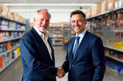 Two men in suits shaking hands in a warehouse setting