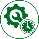 Green gear icon with a clock inside a circle on a white background