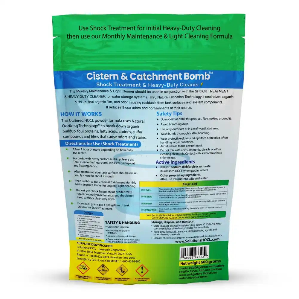 Cistern & Catchment Bomb packaging with green, blue, and yellow colors on a white background