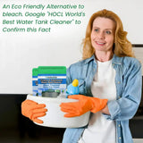 Woman holding cleaning supplies with text about an eco-friendly water tank cleaner.