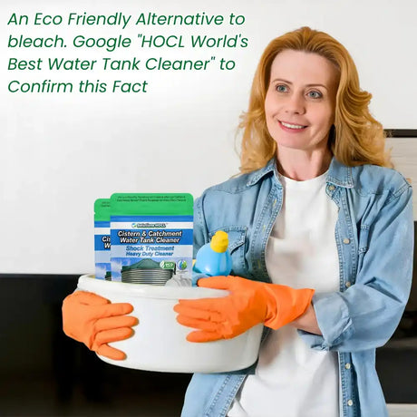 Woman holding cleaning supplies with text about an eco-friendly water tank cleaner.