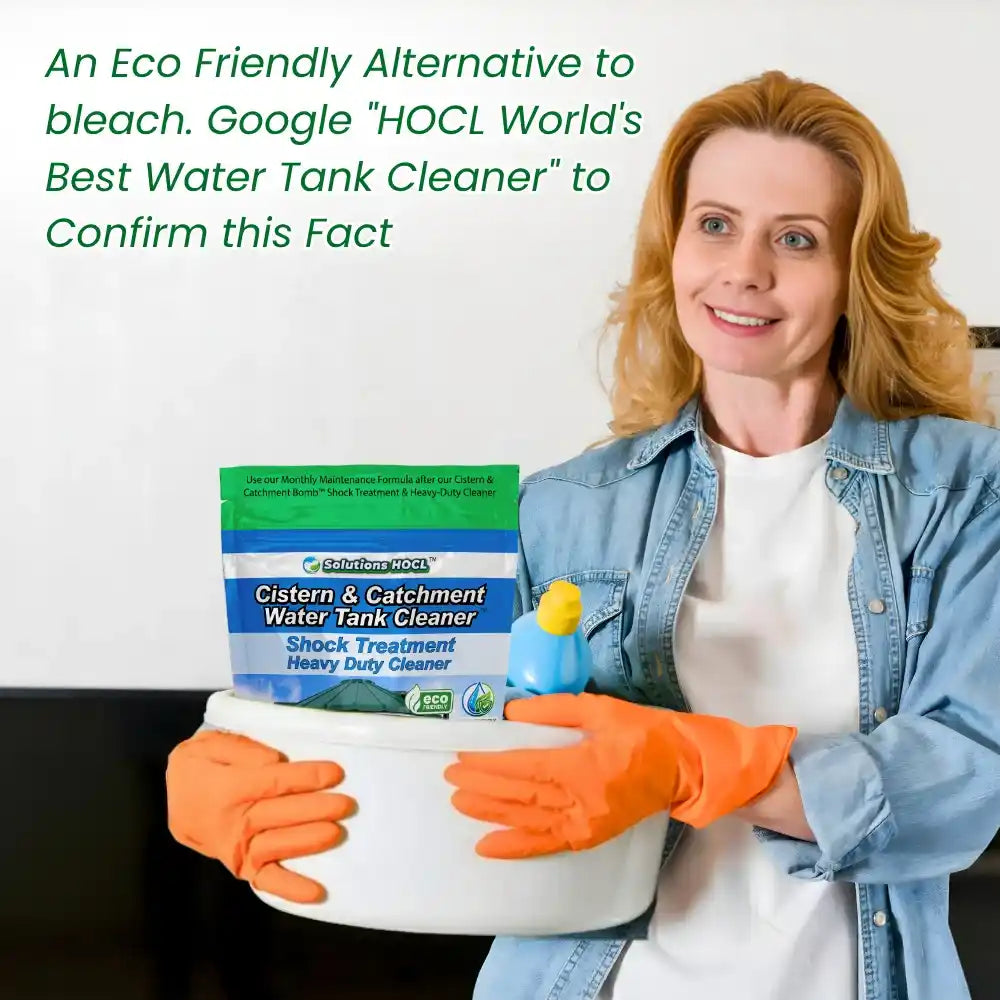 Woman holding cleaning supplies with text about an eco-friendly alternative to bleach.