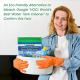 Woman holding cleaning supplies with text about an eco-friendly alternative to bleach.