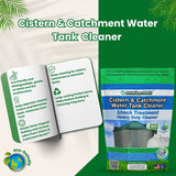 Cistern & Catchment Water Tank Cleaner packaging with text and green leaf graphics.