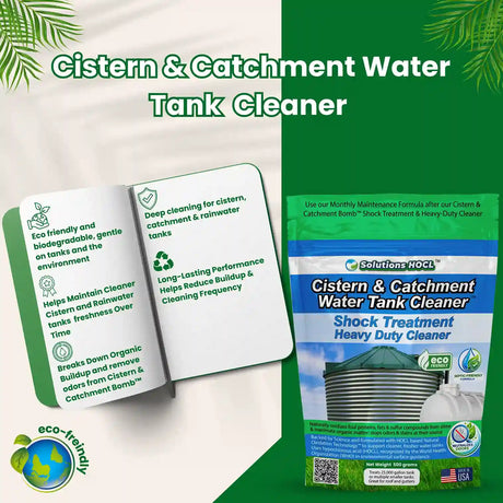 Cistern & Catchment Water Tank Cleaner packaging with text and green leaf graphics.