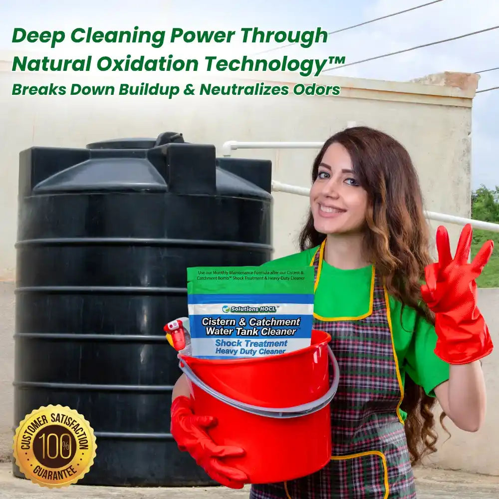 Person holding cleaning supplies with text about natural oxidation technology