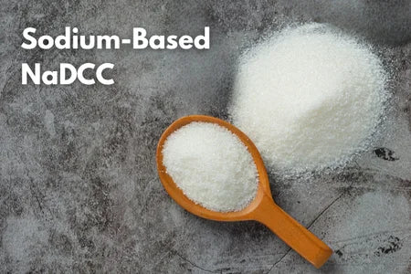 Sodium-Based NaDCC on a spoon and surface with text overlay