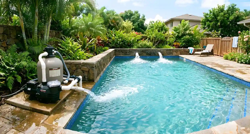 Pool with a metal ladder and wooden deck