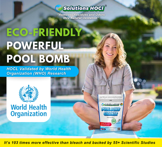 Woman holding a pool cleaner product by a pool with promotional text about eco-friendliness and effectiveness.