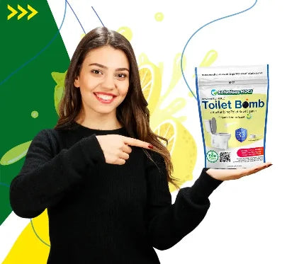 Woman pointing to a package of 'Toilet Bomb' with a colorful background