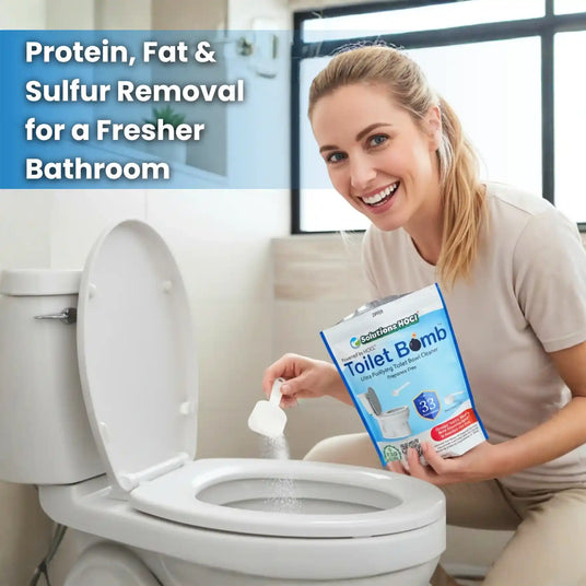 Woman using a toilet bomb with text about protein, fat, and sulfur removal in a bathroom setting.