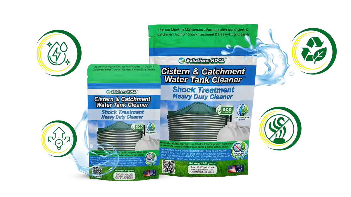 Gutter and catchment water tank cleaner packaging with icons on a white background