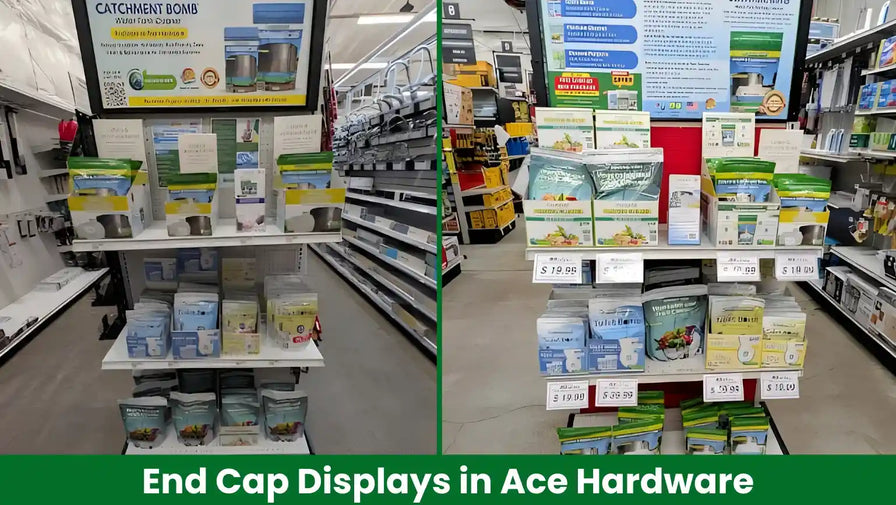 Product display shelves in a store with SolutionsHOCL items and price tags.