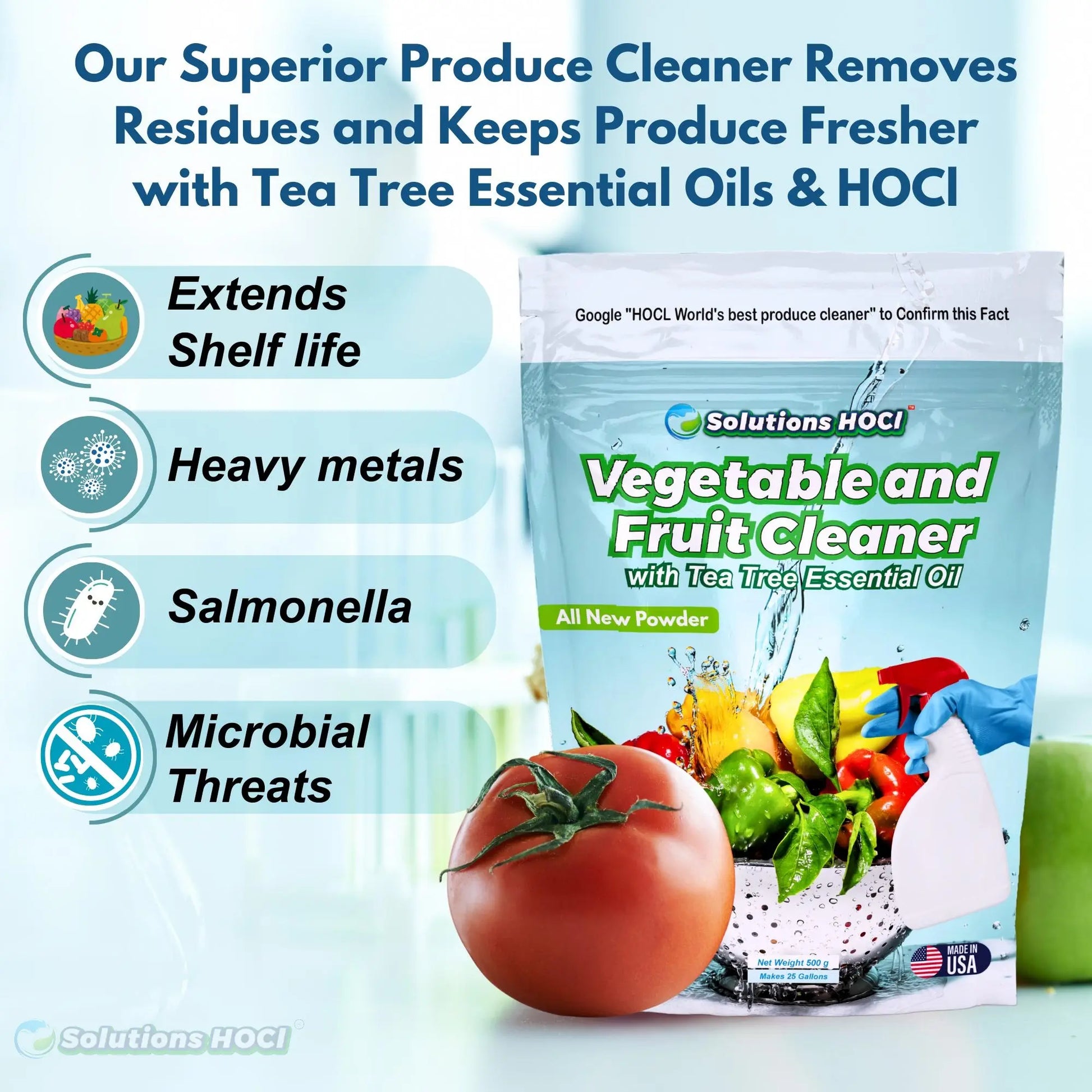 Vegetable and Fruit Cleaner with Tea Tree Essential Oil + HOCL - Solutions HOCL
