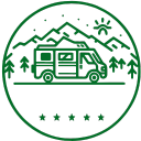 Icon of a camper van with trees and mountains, indicating outdoor or camping theme.