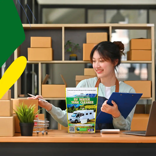 Woman holding a box of RV Water Tank Cleaner in an office setting