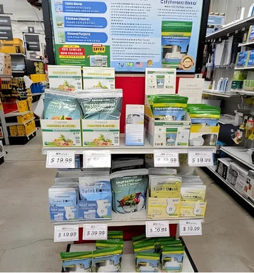 Shelf in a store with Solutions HOCL various products and price tags