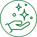 Green icon of a hand holding a star with a circle around it